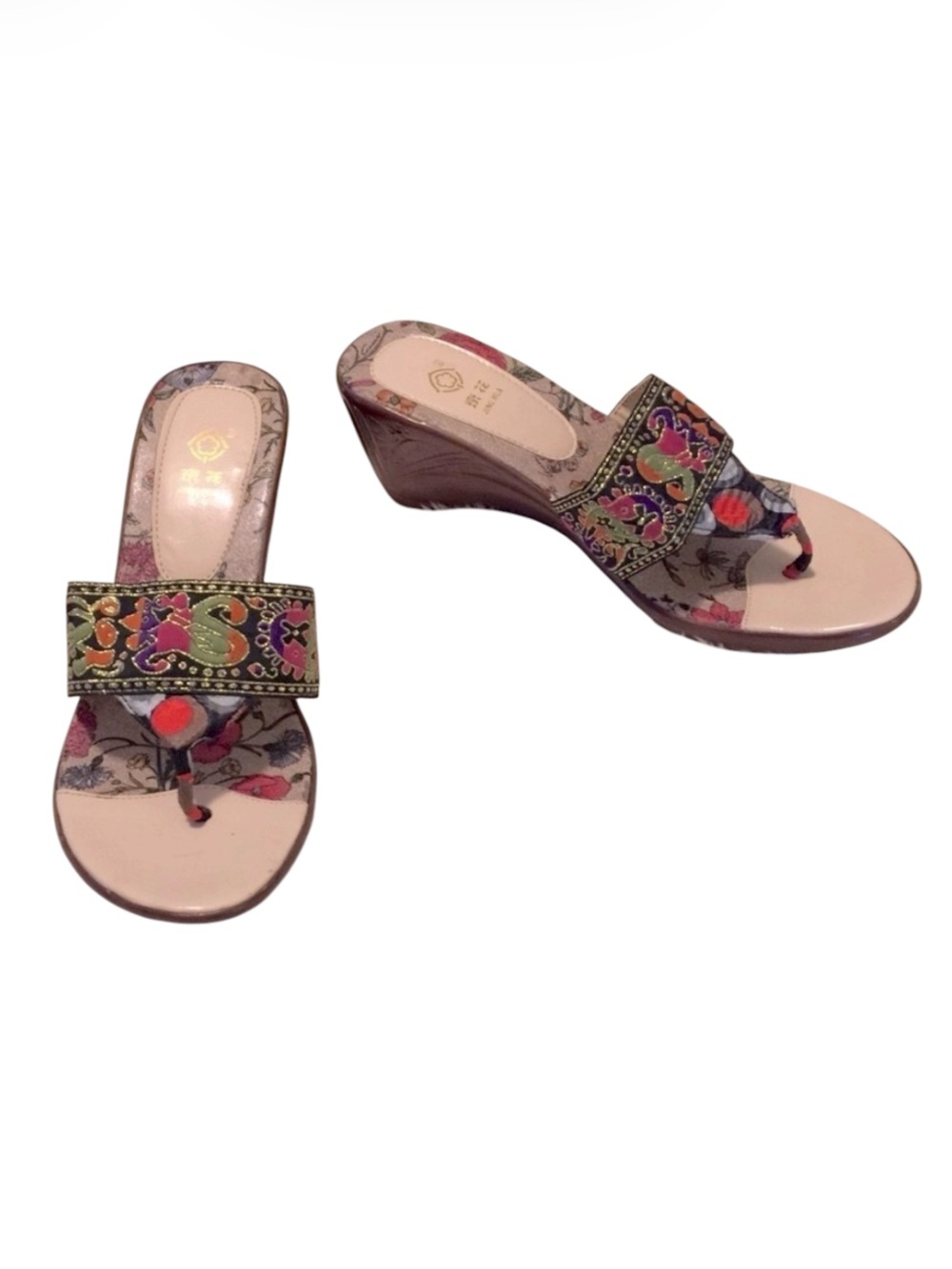 Jing Hua Multi Colored Satin Wedge Mule Thong Slip On Slide Sandals Sz 5